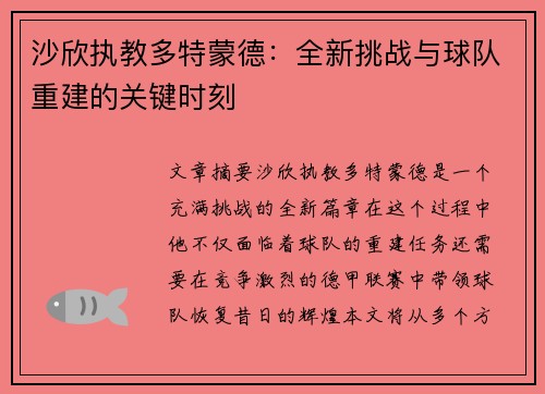 沙欣执教多特蒙德:全新挑战与球队重建的关键时刻 沙欣执教多特蒙德:全新挑战与球队重建的关键时刻